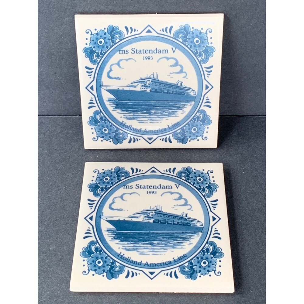 Holland American Line 4" Ceramic Coasters 1993 ms Statendam Delft Blue & White